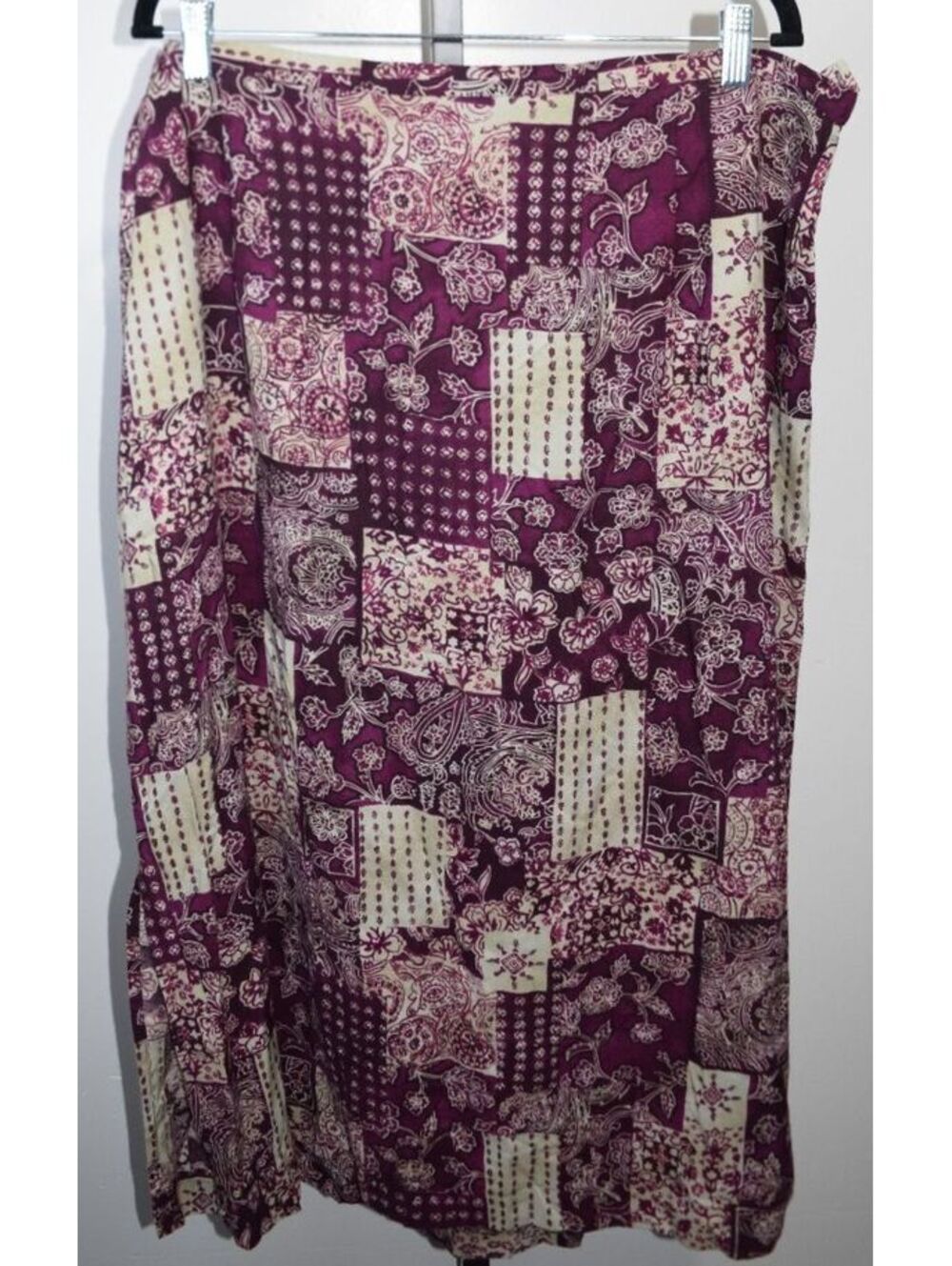 Kathie Lee Vintage Paisley Patchwork Print Midi Skirt Plus Size 22W/24W Maroon
